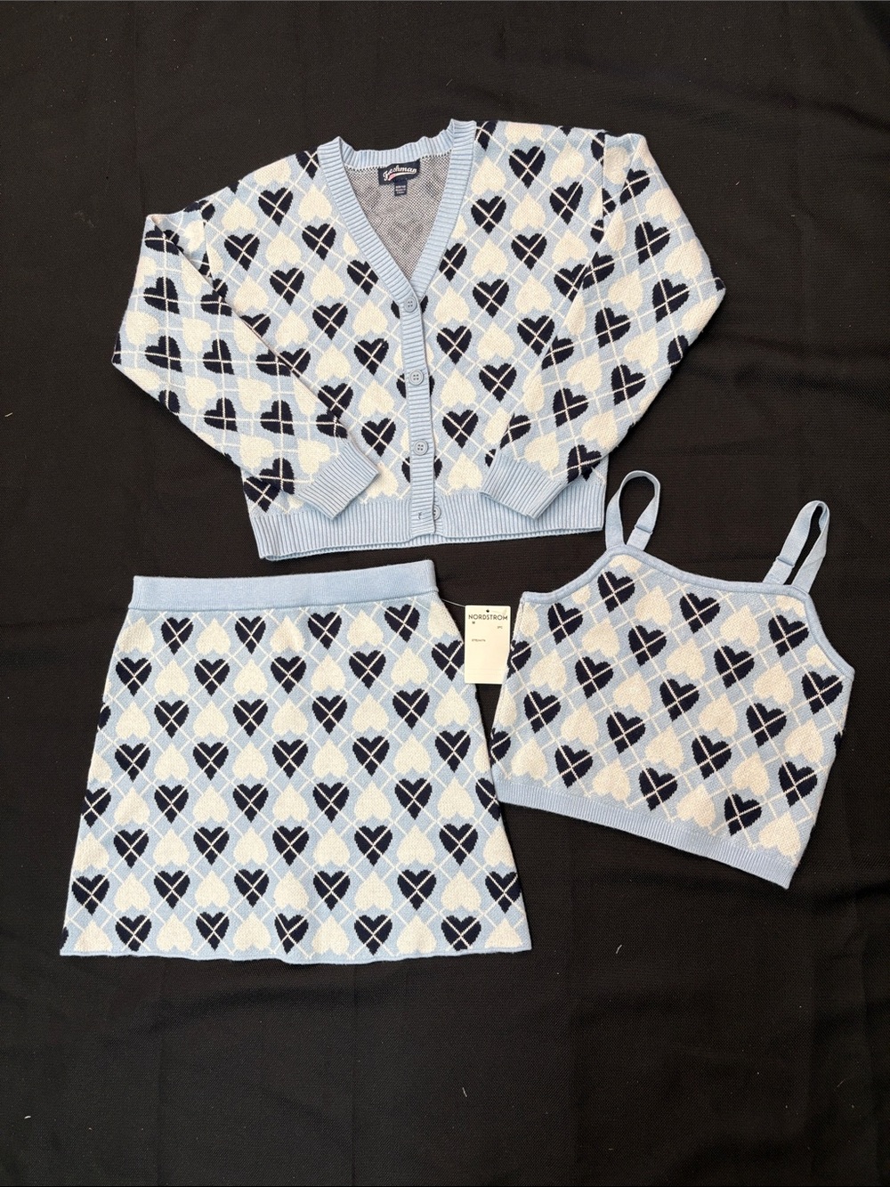Freshman Light Blue, Navy & White Argyle Heart Knit 3-Piece Set